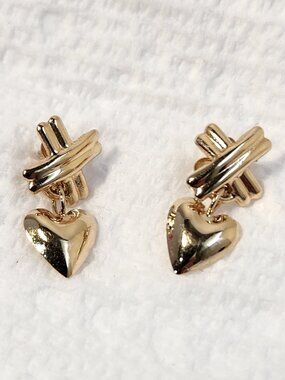 True VTG 585 14K Solid Gold Puffy Heart X Dangle Stud Earrings Signed